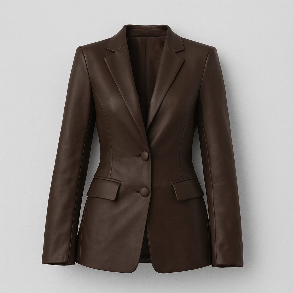 Woman wearing a chocolate-brown faux leather blazer dress with a deep V-neckline, structured shoulders, and long sleeves.