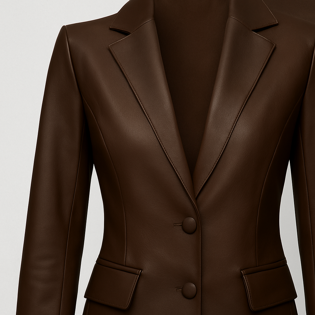 Woman wearing a chocolate-brown faux leather blazer dress with a deep V-neckline, structured shoulders, and long sleeves.