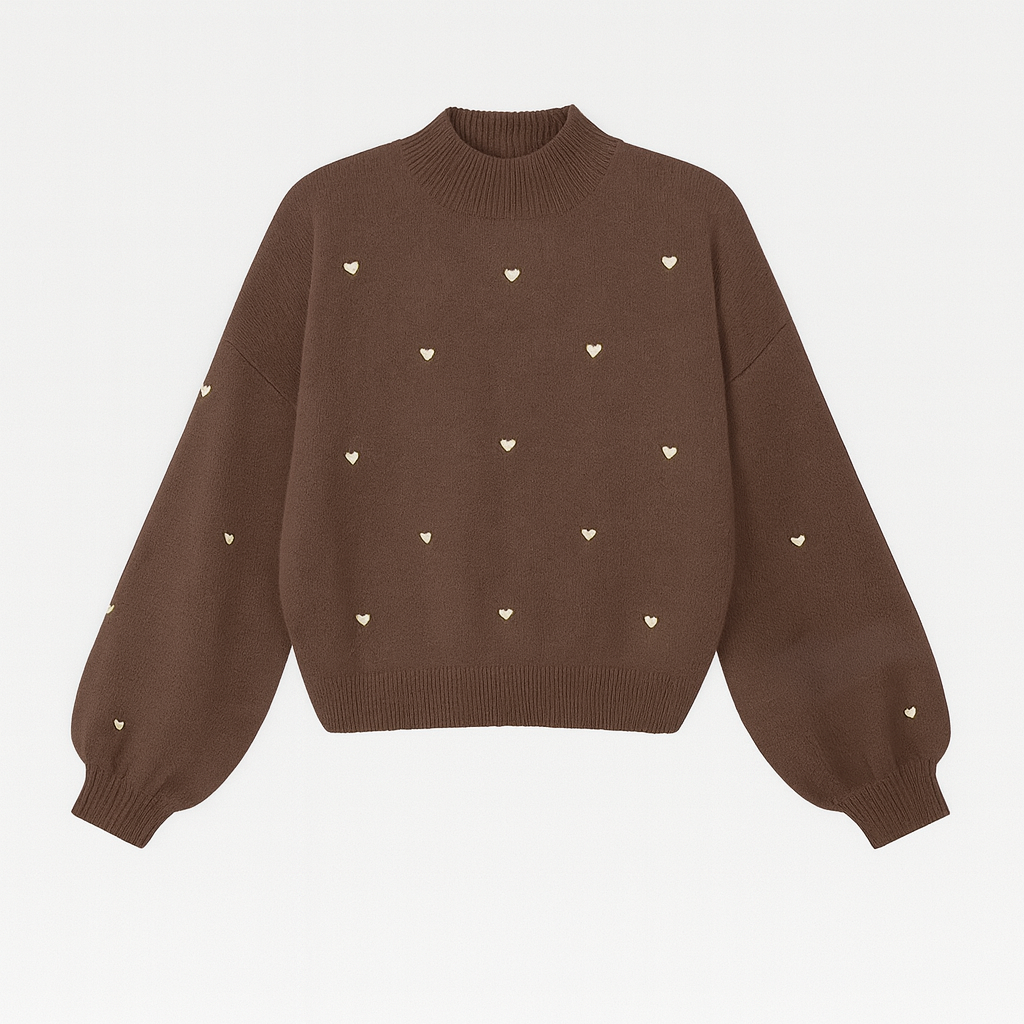 Brown knit sweater with long sleeves and embroidered heart accents.