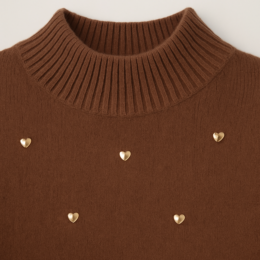 Brown knit sweater with long sleeves and embroidered heart accents.