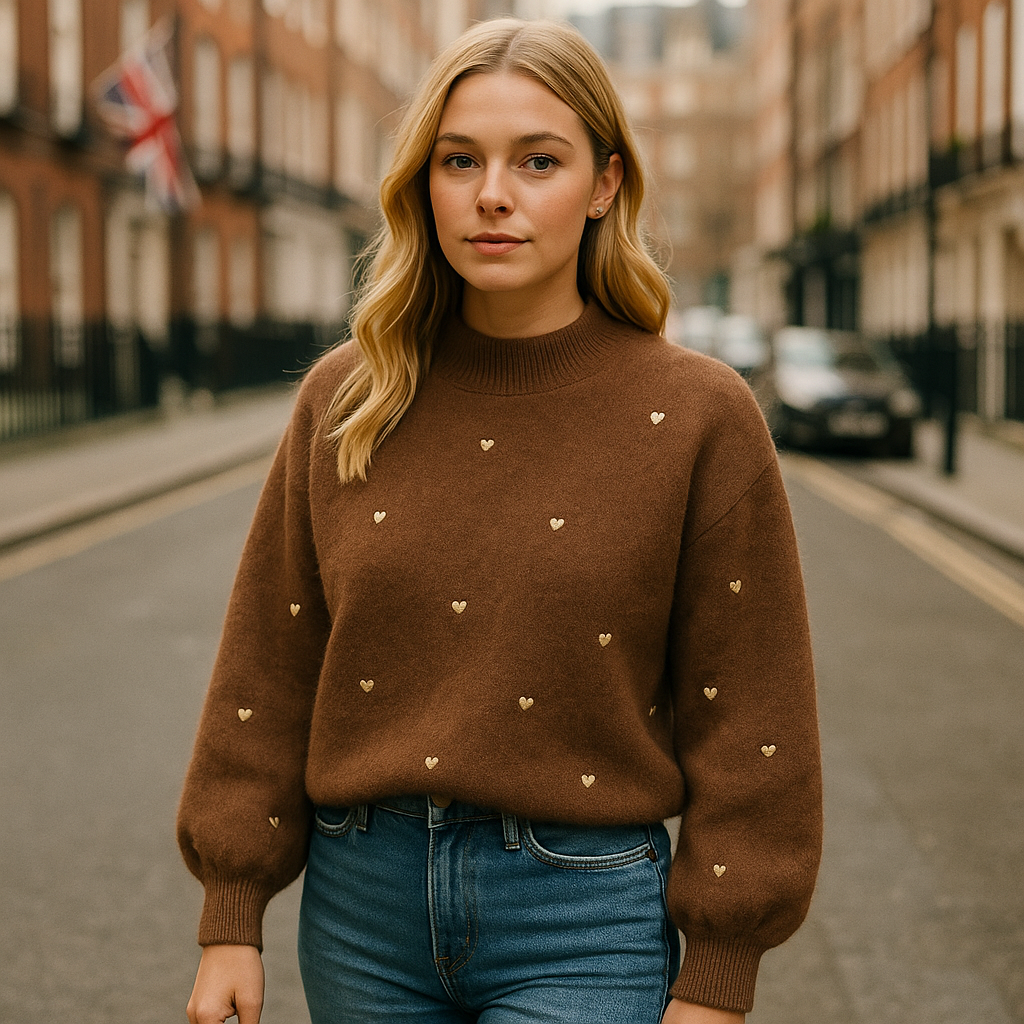 Brown knit sweater with long sleeves and embroidered heart accents.