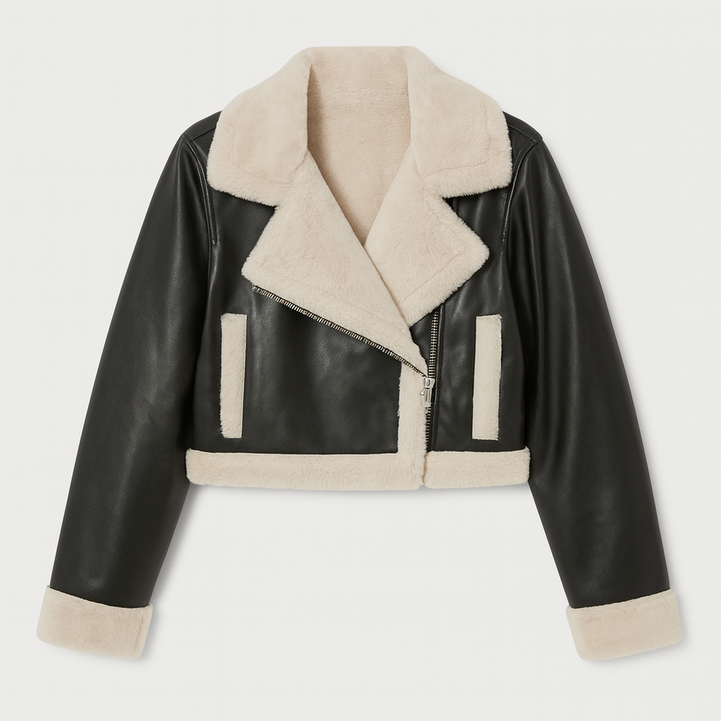 Cropped faux leather jacket with oversized shearling collar, cuffs, and hemline trim.