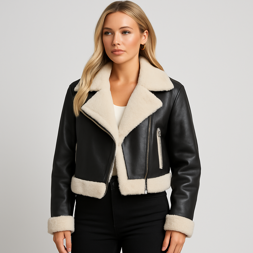 Cropped faux leather jacket with oversized shearling collar, cuffs, and hemline trim.