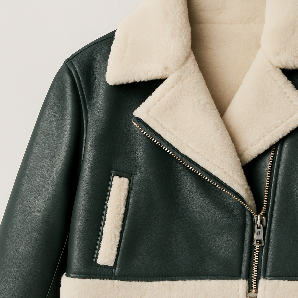 Cropped faux leather jacket with oversized shearling collar, cuffs, and hemline trim.